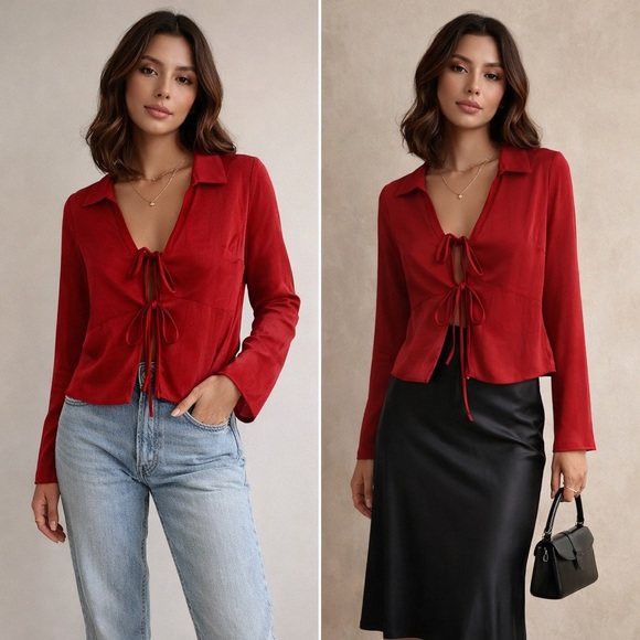 a new day Tops - A New Day Red Button Down Shirt with Tie Front